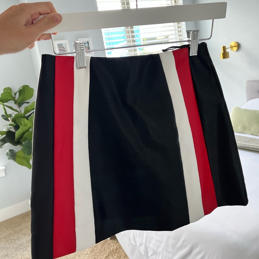 Black Faux Leather Skirt with Red and White Detail